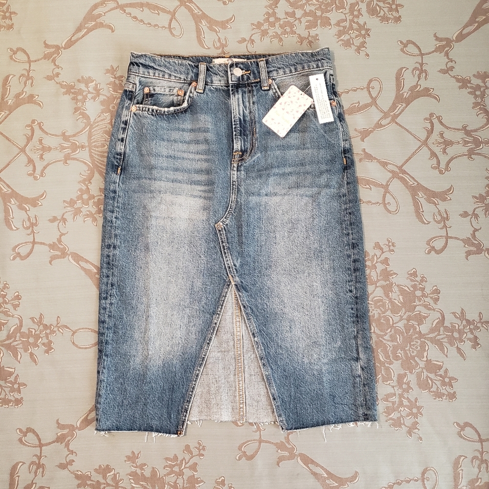 Free People We The Free Suzanne Midi Indigo Blue Denim Pencil Skirt Size 8